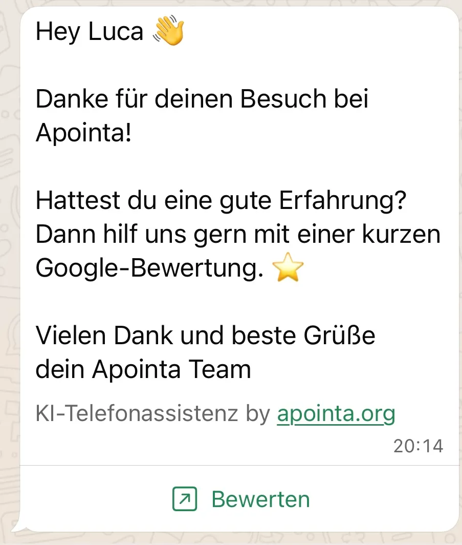 WhatsApp Bewertungsanfrage Beispiel